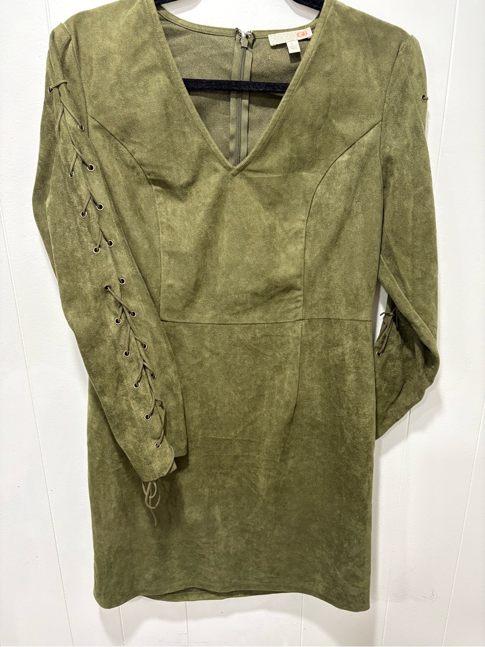 Olive Green Long Sleeve Suede-Look Lace-Up Dress